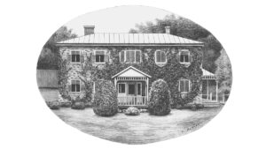This is a pencil drawing in an oval shaped framing of 2023 MW House that was drawn by C. Redfern
